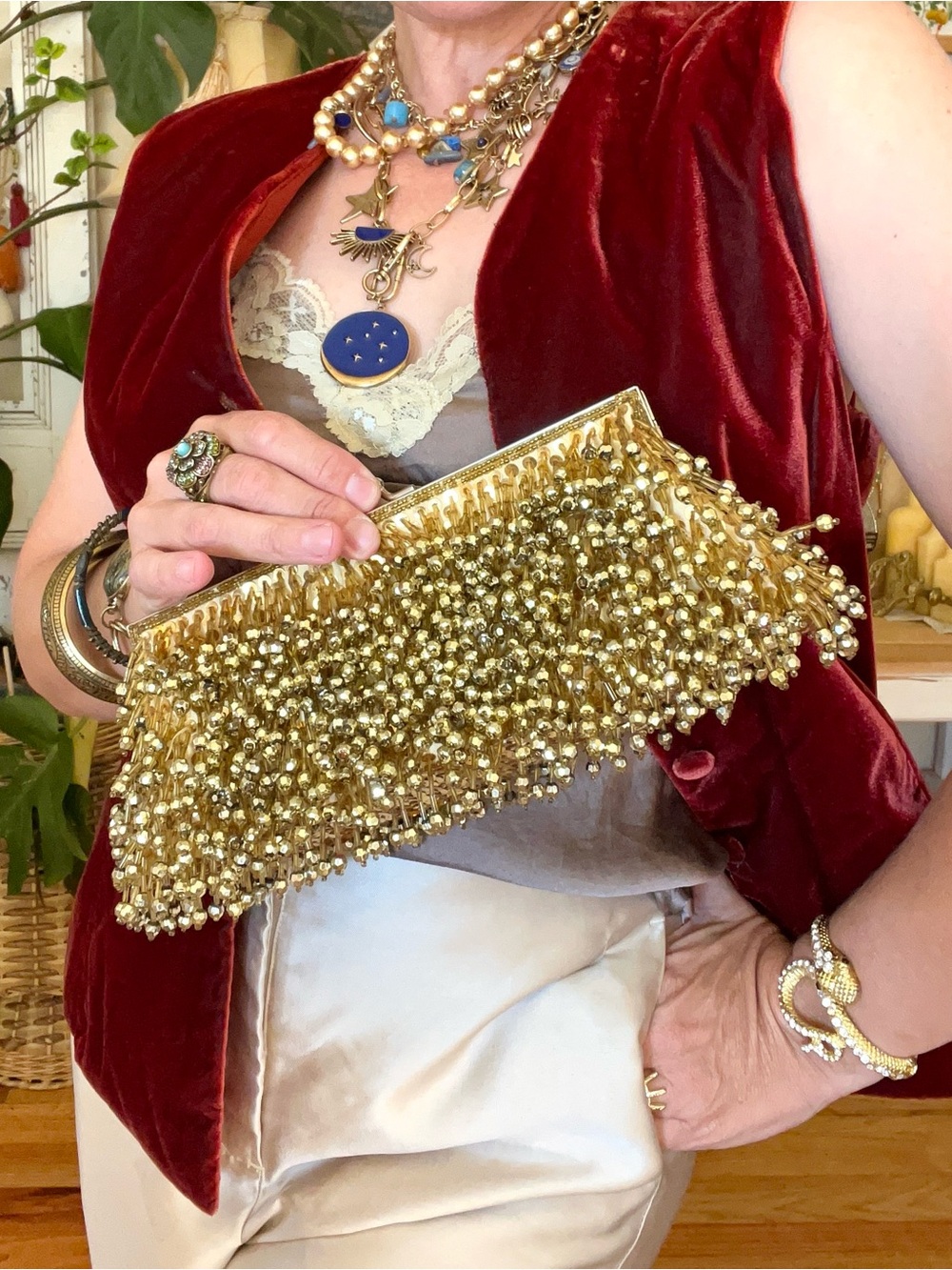 Vintage Y2K Gold Sequin Beaded Opera Clutch Mini Bag Satin Lining